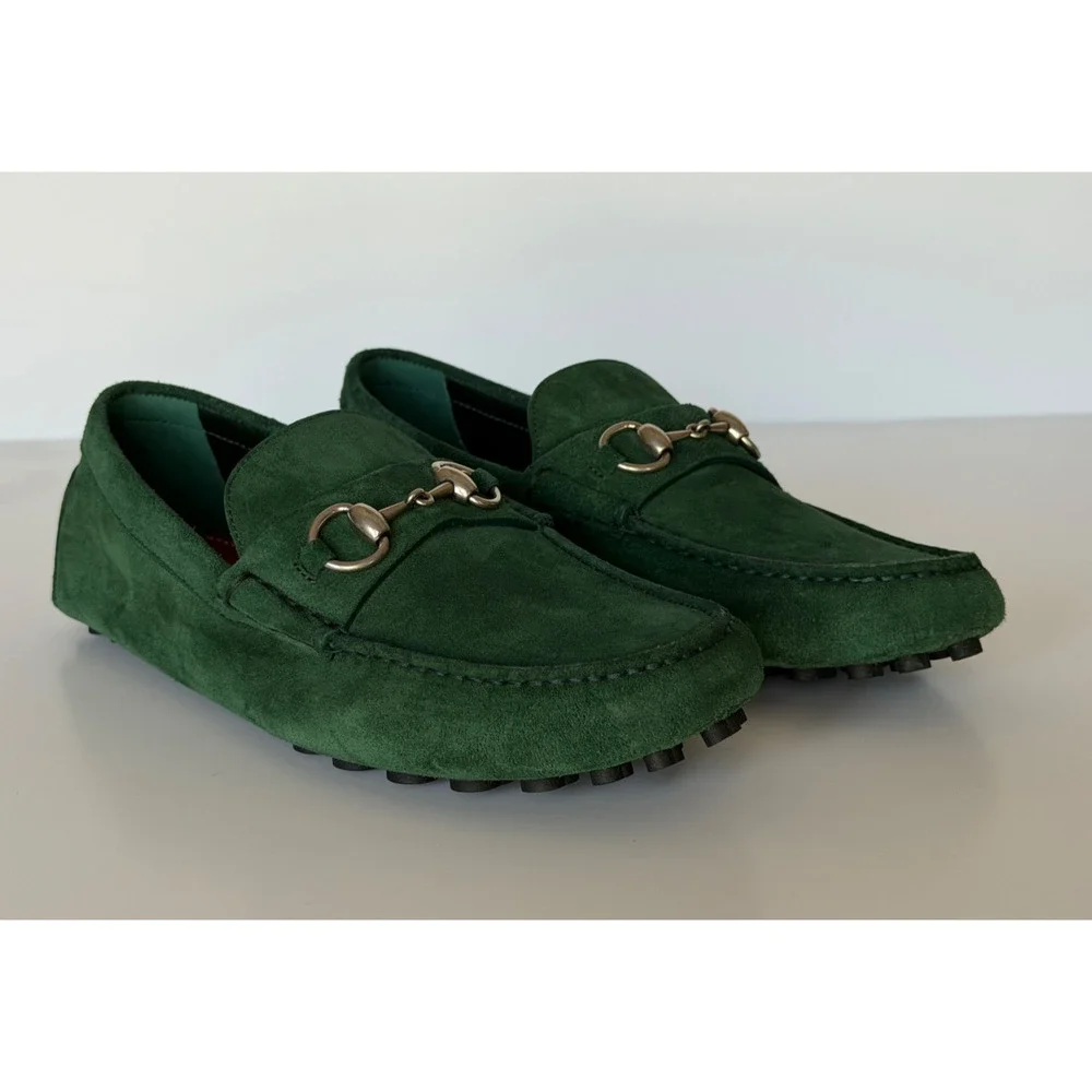 Gucci Mens Suede Horsebit Driver Loafers Shoes Green 7.5 US (7 Gucci) 765859 NIB